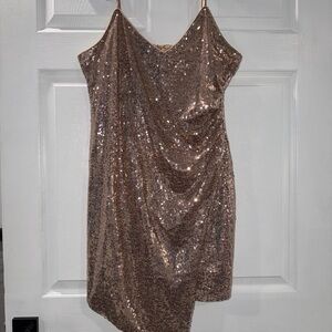 Lulu's Rose Gold Sequin One-Shoulder Slip Dress